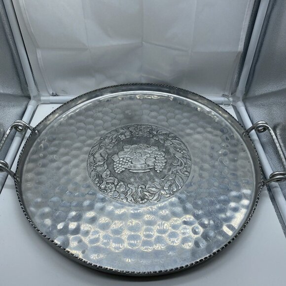 Cromwell Hand Wrought Hammered Aluminum Large Round Tray Fruit Center Design - Picture 1 of 9